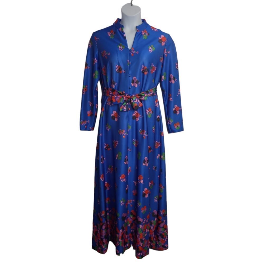 VINTAGE 70s blue bright floral long sleeve‎ tie belt maxi dress L